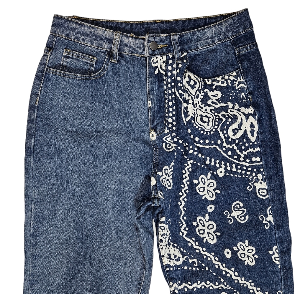 Paisley Print Patchwork Jeans Size Large Raw Hem Colorblock Denim Straight Leg - Picture 7 of 16